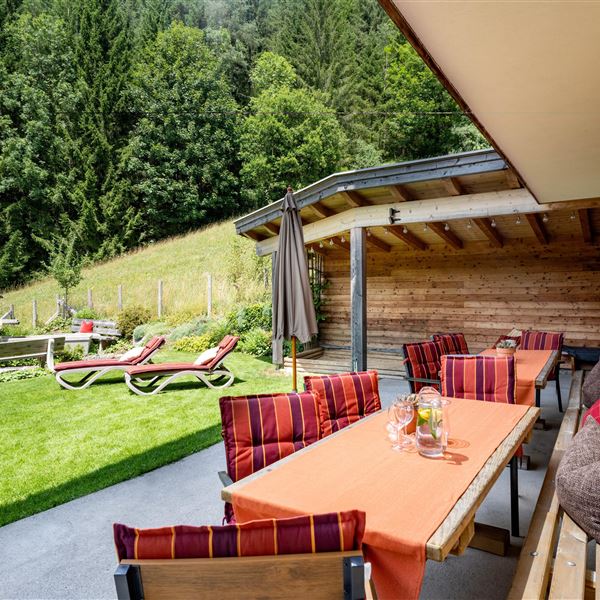 Ein einladender Außenbereich mit einem großen Tisch und bequemen Stühlen. Hier geht der Blick auch zum Brunnen welcher zum Kühlen von Getränken oder dem eigenen abkühlen wunderbar geeignet ist. 
Im Hintergrund gibt es eine grüne Wiese und einen schönen, bewaldeten Hang.