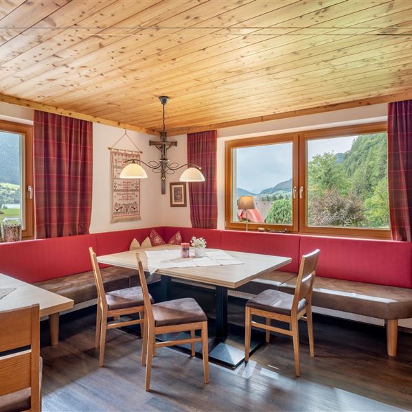 Eine große, gemütliche Bauernstube mit 2 großen Tischen und somit Platz für bis zu 20 Personen, einem Diwan (Liege mit richtiger Matratze), TV und DVD Player. Die Fenster zeigen Richtung Garten, Spielgeräte und zum See
